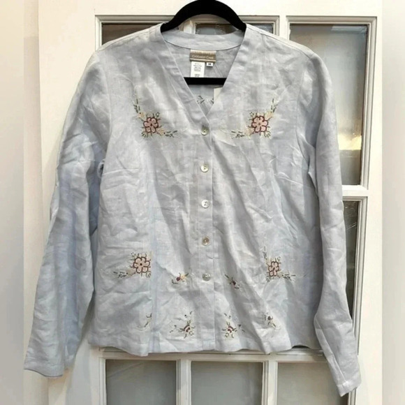 Coldwater Creek | Light Sky Blue Linen Button Down Floral Embroidered Blouse M - Picture 1 of 14